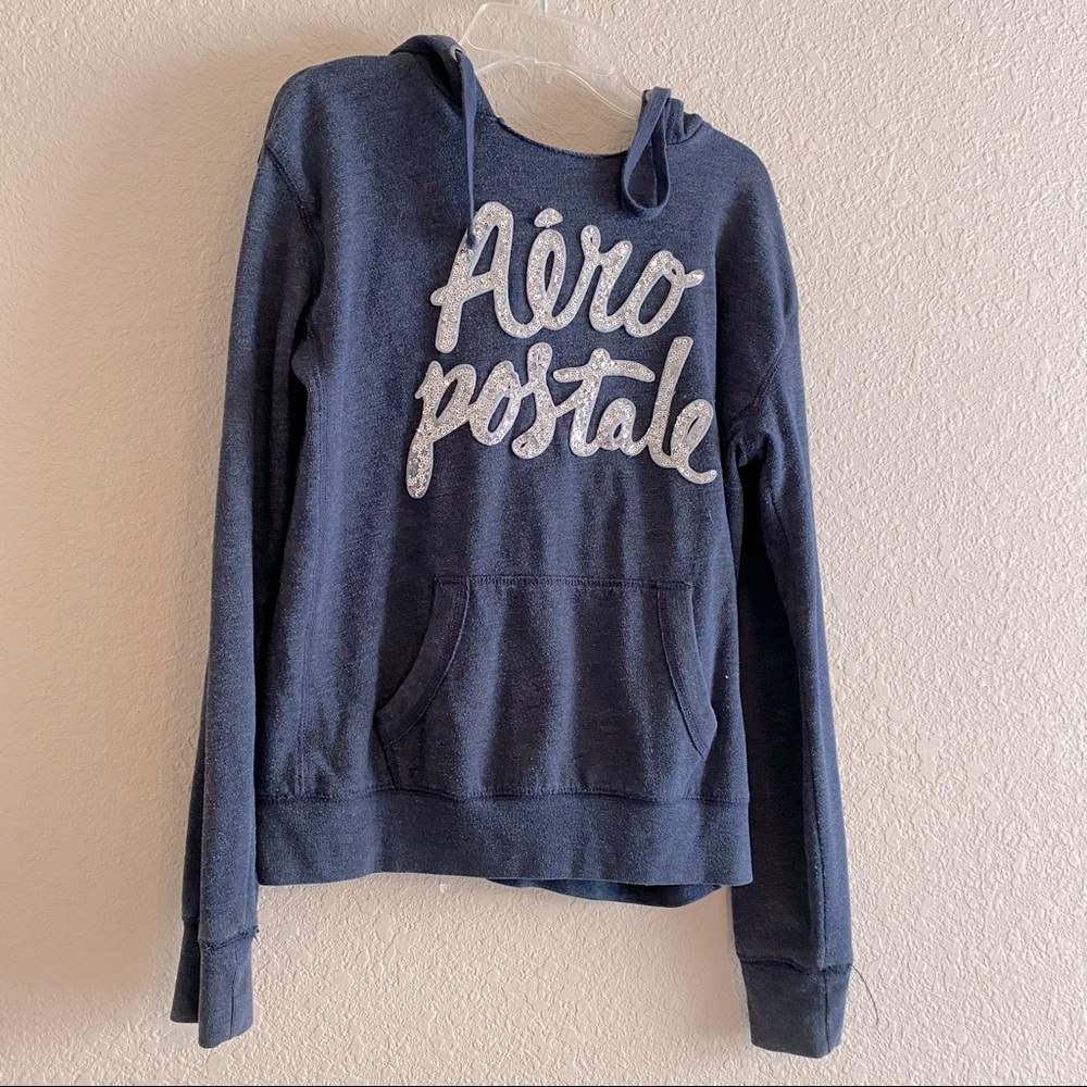 Aeropostale heathered blue hoodie with silver sequin logo